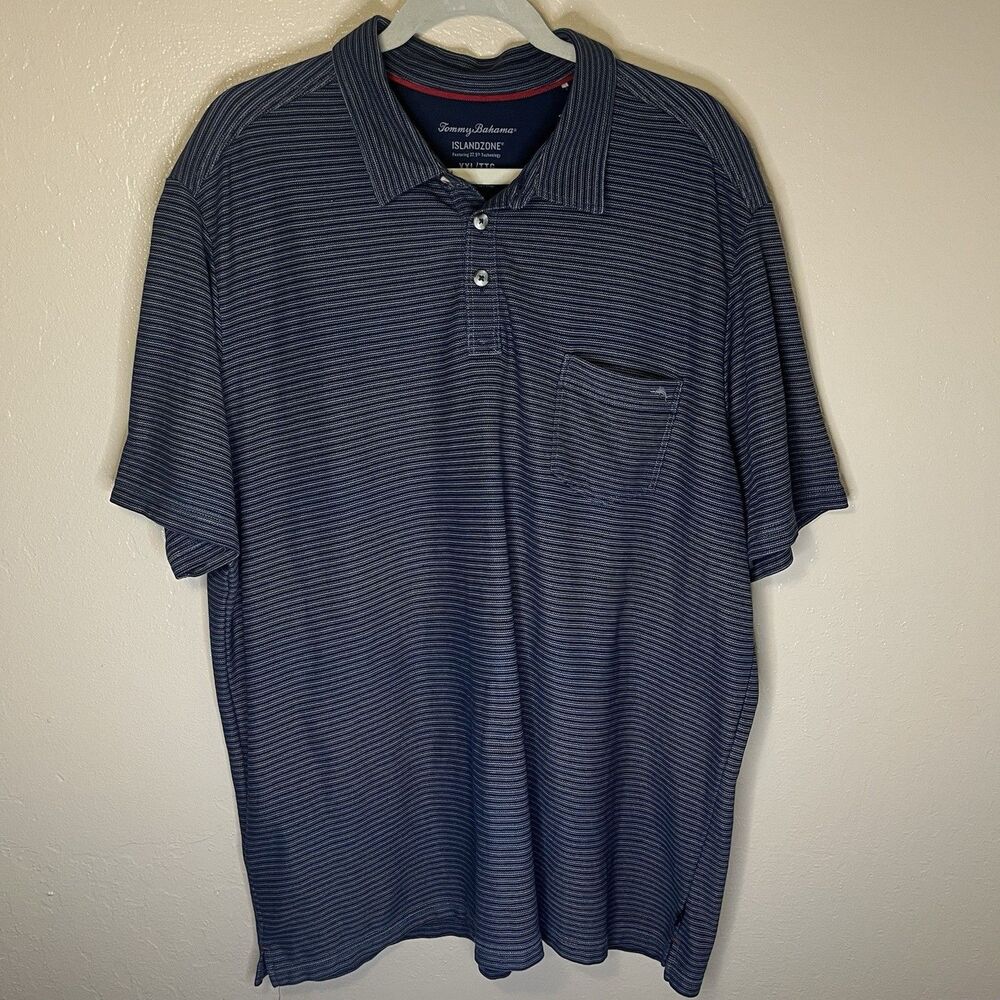 Tommy Bahama Mens Polo Golf Shirt XXL 2XL Island Zone 37.5 Tech Gray Stripes EUC